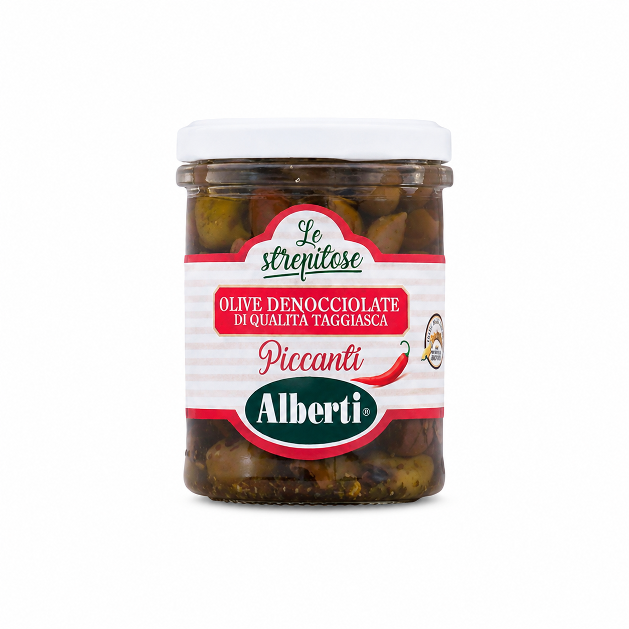 Urkärnade Taggiascaoliver IGP med chili i extra jungfruolivolja – 170 g
